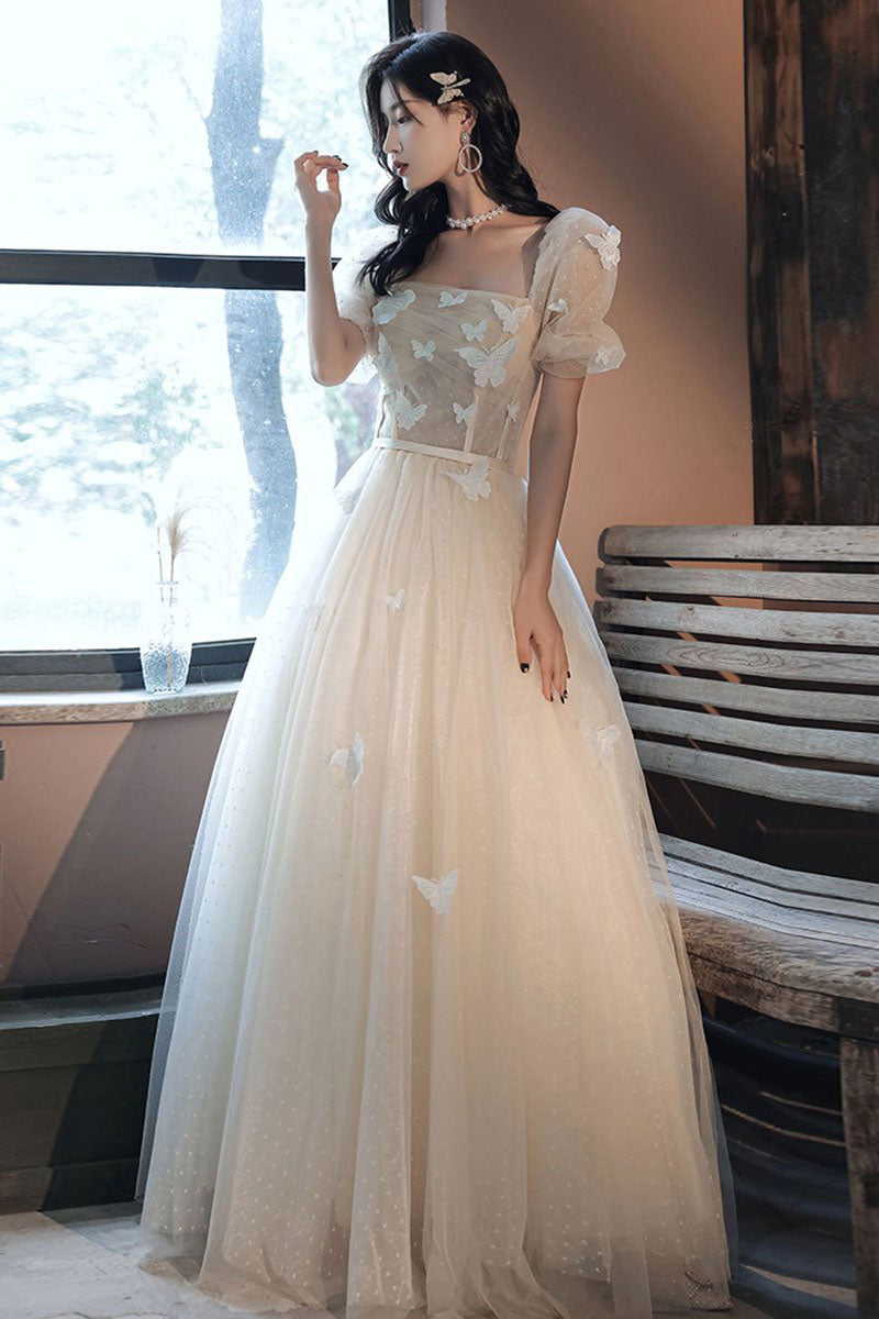 Champagne tulle applique long prom dress tulle formal dress