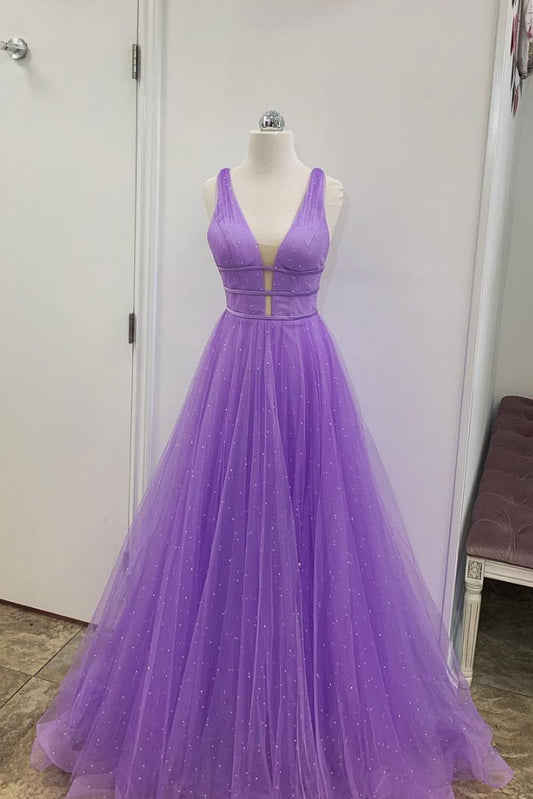 Purple v neck tulle long prom dress purple tulle formal dress