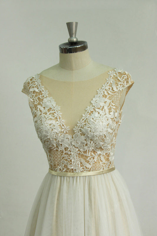 White Aline round neck lace long prom dress, lace wedding dress