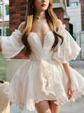 Cute white long sleeve taffeta short prom dress white evening dress