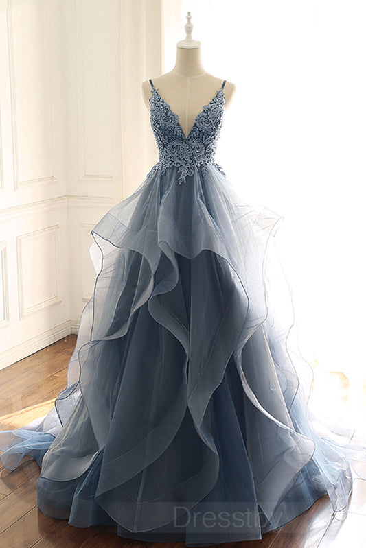 Gray blue tulle lace long prom dress, blue evening dress