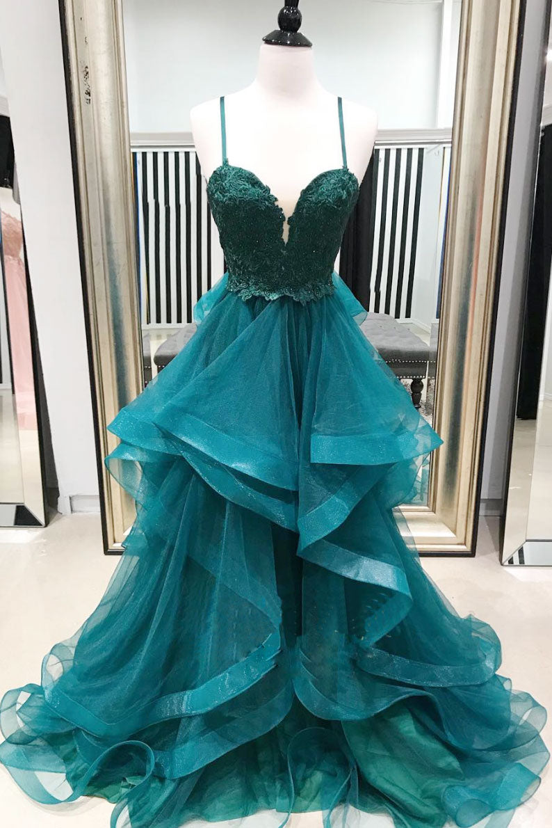 Green sweetheart neck tulle lace long prom dress, green evening dress