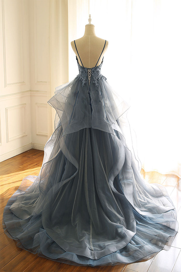 Gray blue tulle lace long prom dress, blue evening dress
