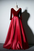 Simple A-line long sleeves burgundy long prom dress, burgundy evening dress