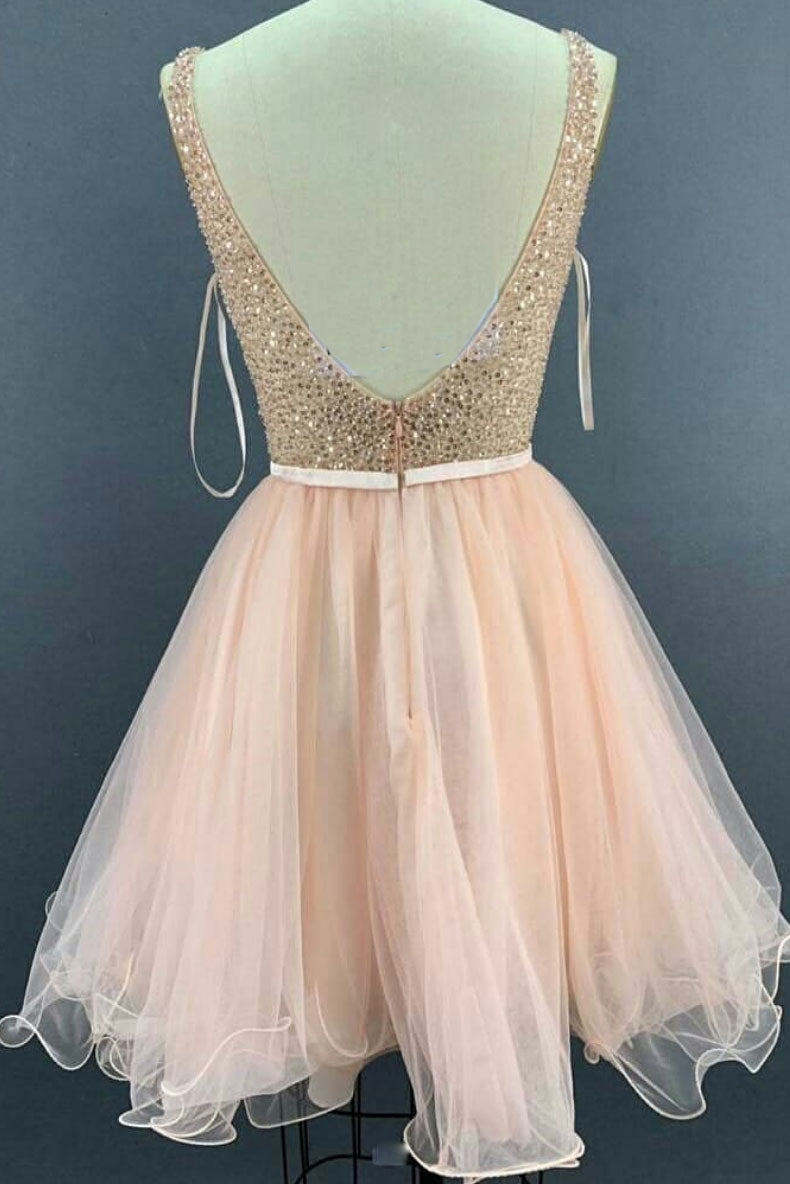 Pink v neck tulle sequin short prom dress, pink tulle homecoming dress