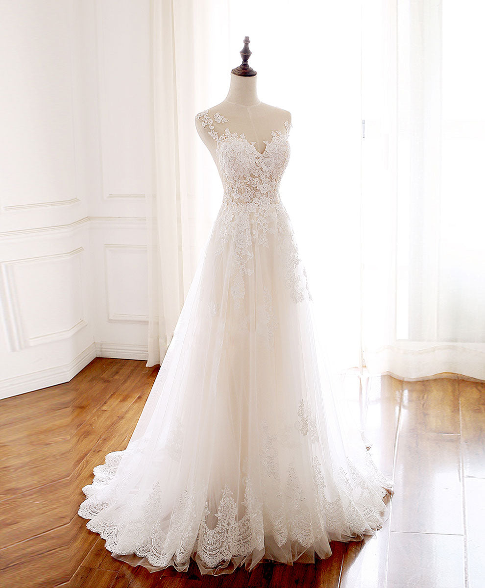 White round neck tulle lace long prom dress white tulle wedding dress