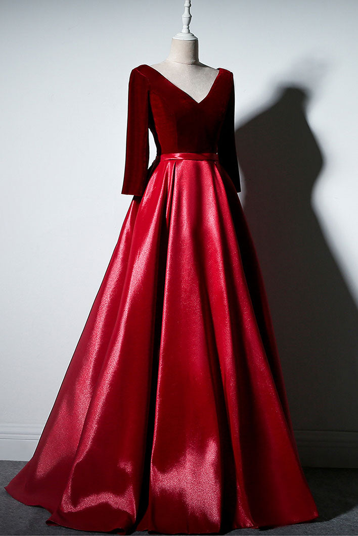 Simple A-line long sleeves burgundy long prom dress, burgundy evening dress