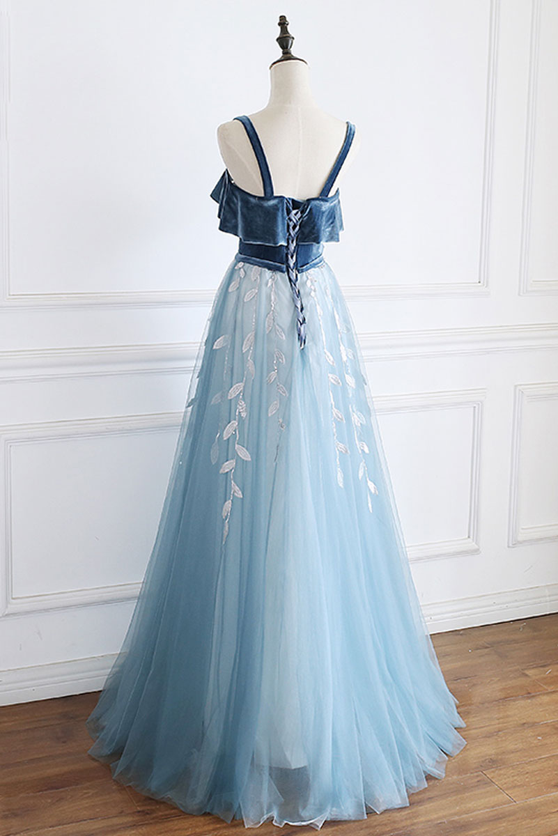 Blue tulle lace long prom dress, blue lace formal dress