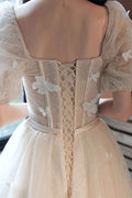 Champagne tulle applique long prom dress tulle formal dress