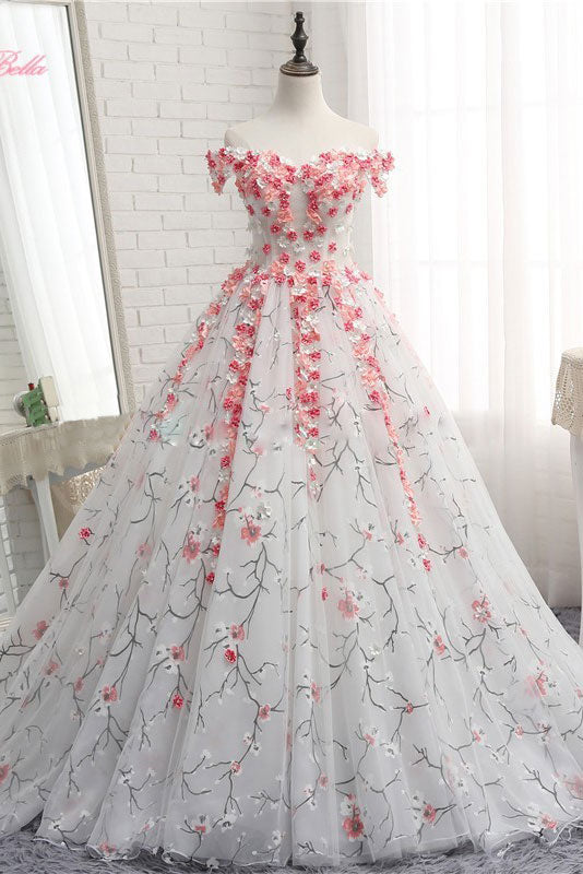 White tulle 3d applique long prom dress, white tulle evening dress