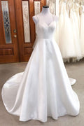 Simple white satin long prom dress, white evening dress
