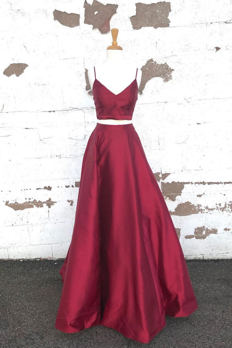 Simple two pieces satin long prom dress, burgundy evening dress