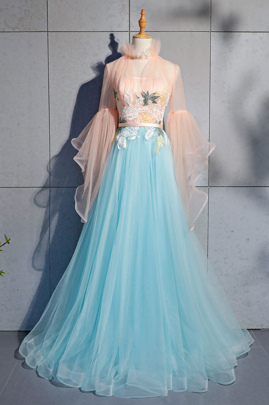 Blue tulle lace long prom dress, blue tulle evening dress