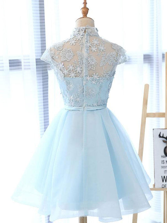 Blue high neck tulle lace short prom dress blue cocktail dress
