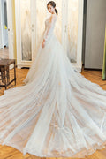 Unique round neck tulle lace long wedding dress. bridal dress