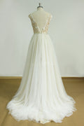 White Aline round neck lace long prom dress, lace wedding dress