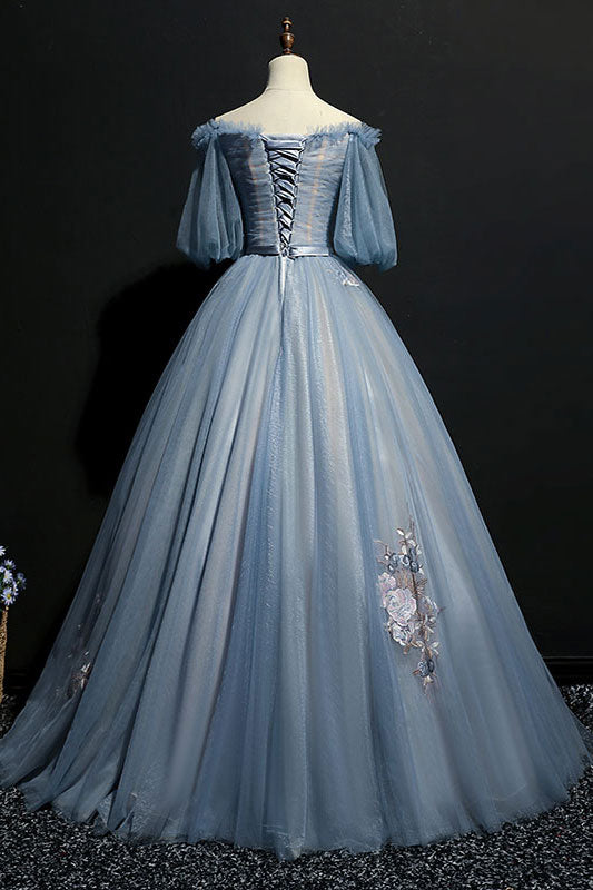 Unique gray blue tulle lace applique long prom dress, gray blue evening dress