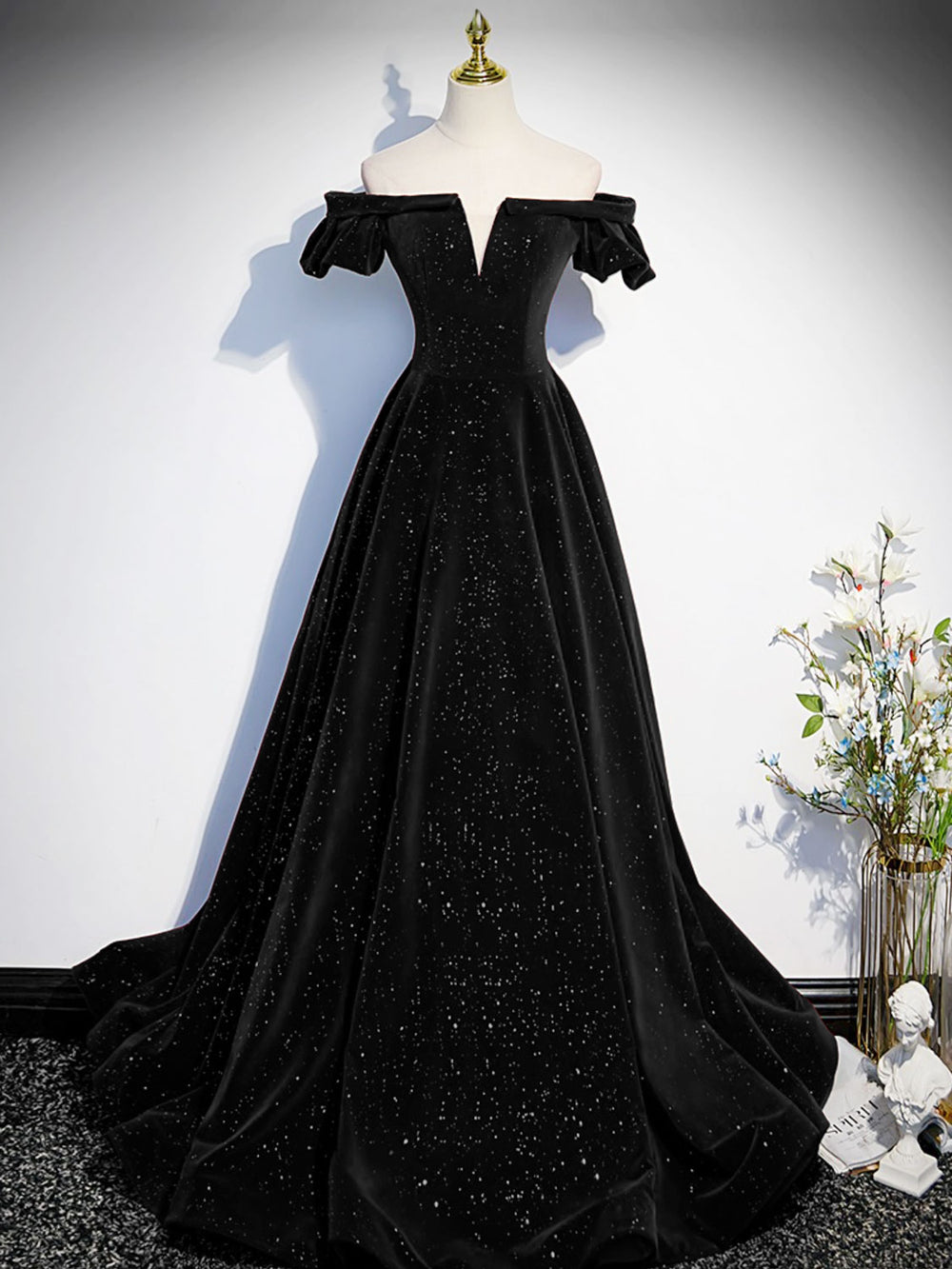 Black A-line Off Shoulder Velvet Long Prom Dress, Velvet Formal Evening Dress