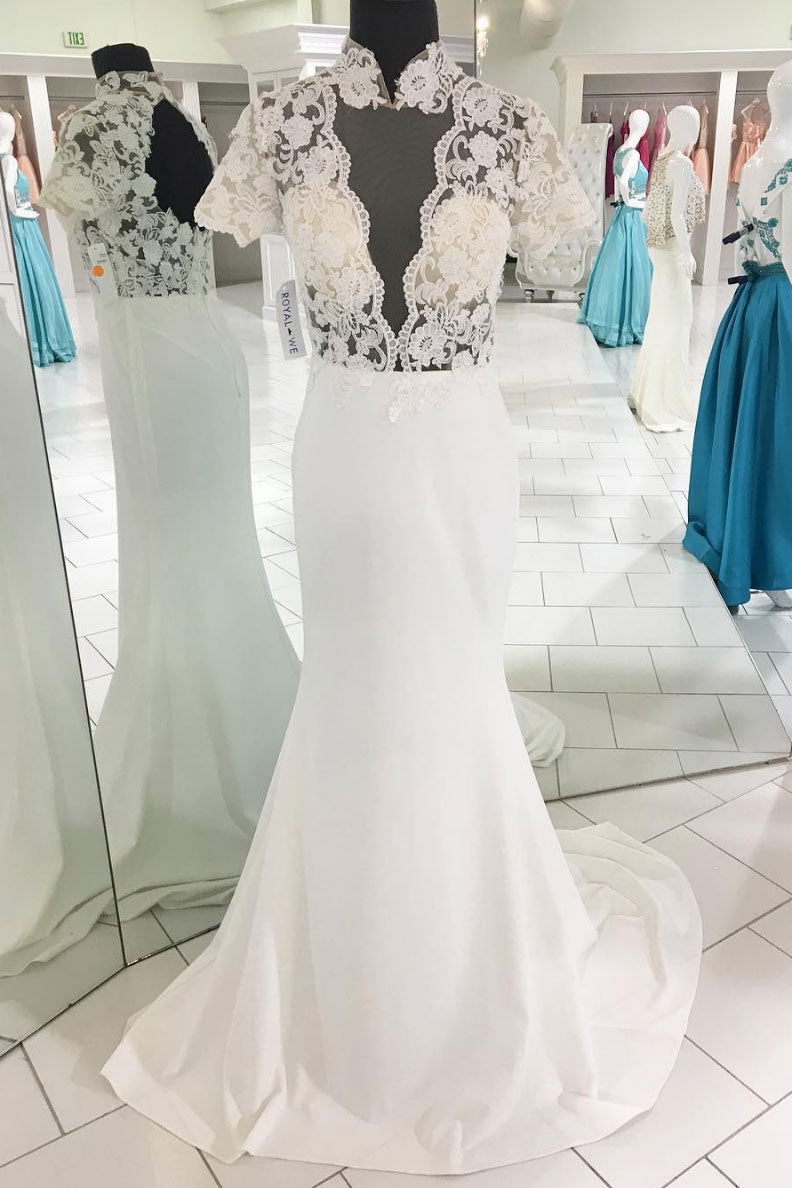Unique white satin lace applique long prom dress, white evening dress