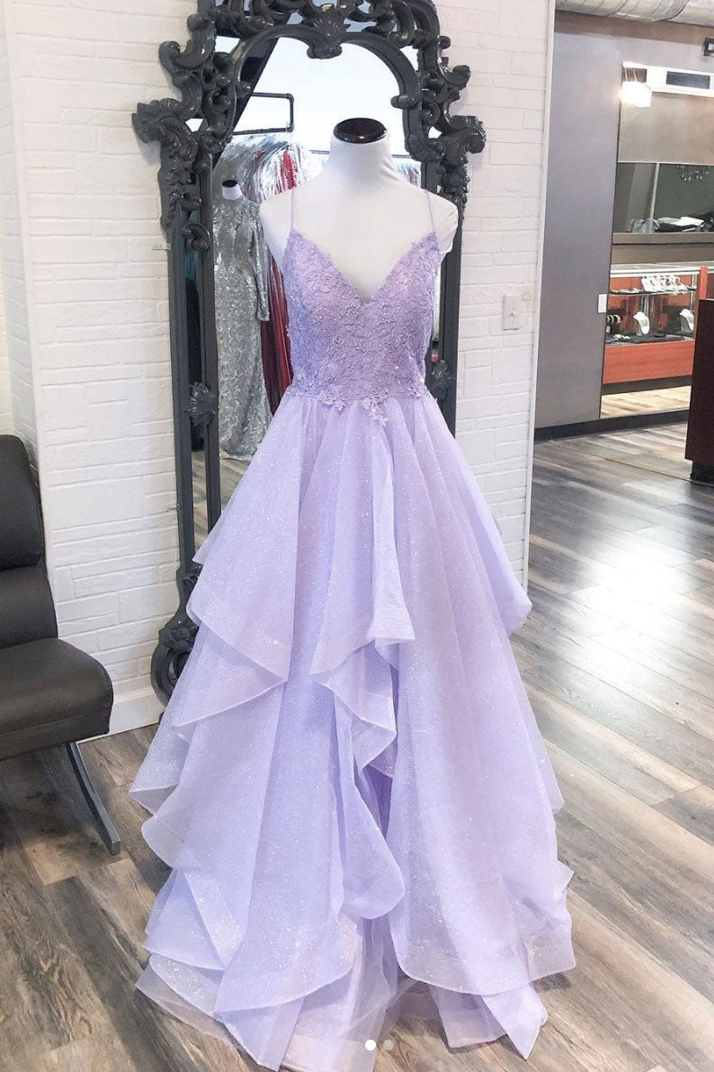Purple v neck tulle lace long prom dress purple evening dress