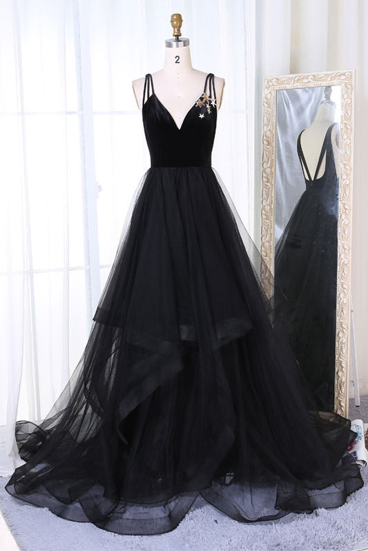 Simple black tulle v neck long prom dress, black evening dress