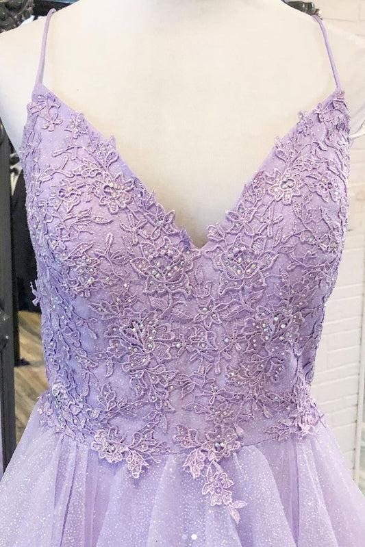 Purple v neck tulle lace long prom dress purple evening dress