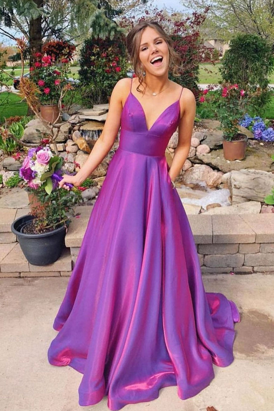 Simple purple red satin long prom dress purple evening dress
