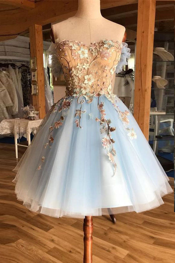 Blue tulle lace short prom dress, blue homecoming dress