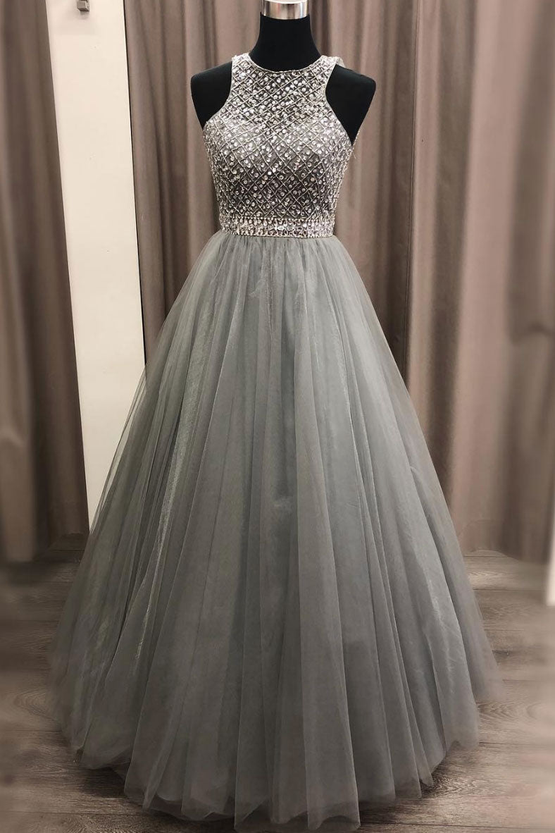 Gray round neck tulle sequin long prom dress, gray evening dress