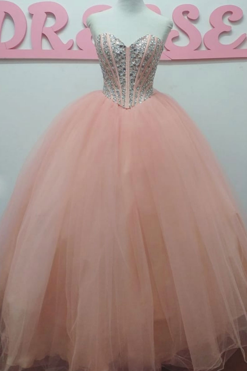 Pink sweetheart tulle beads long prom dress tulle formal dress