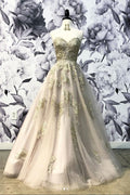 Champagne sweetheart tulle lace long prom dress, tulle lace evening dress