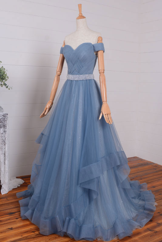 Blue tulle long off shoulder long prom dress, tulle evening dress
