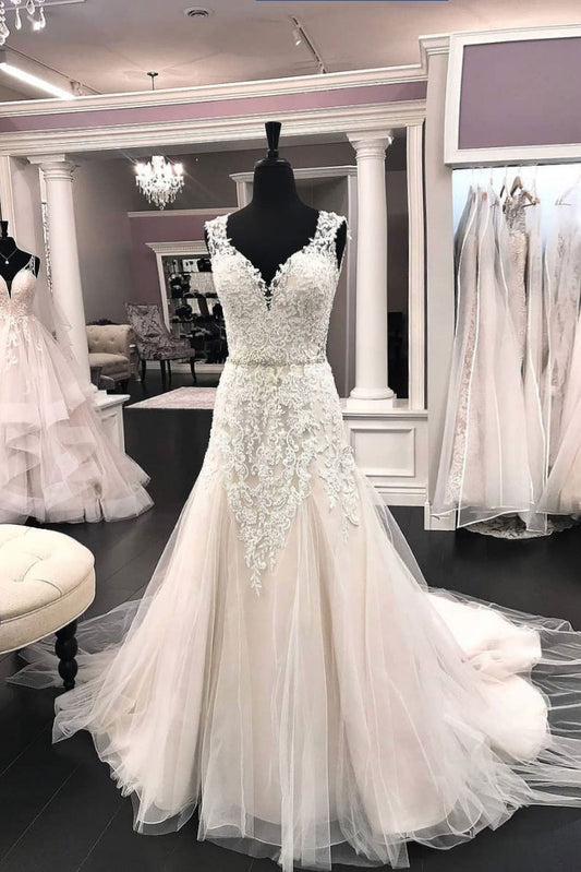 Unique v neck tulle lace long wedding dress, bridal dress