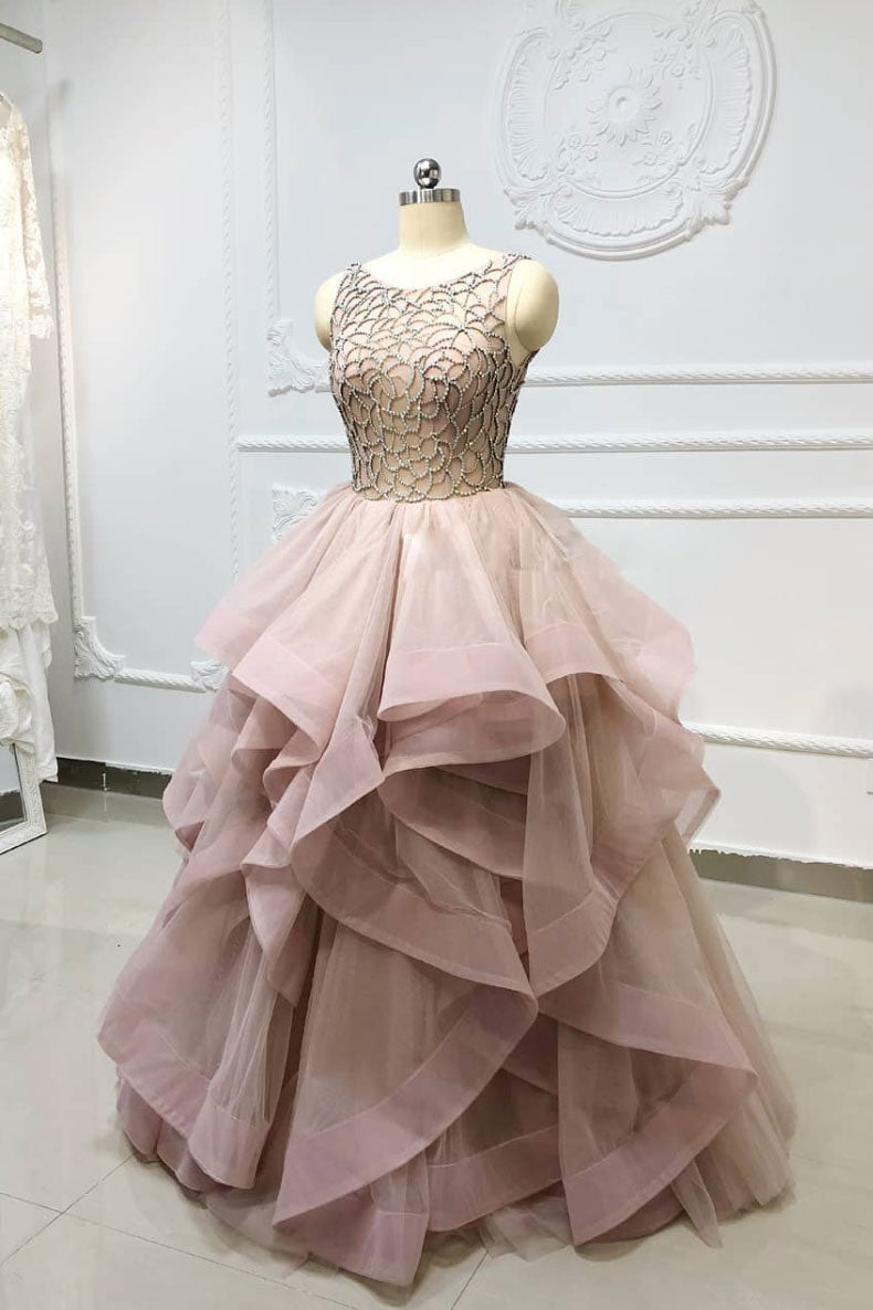 Unique round neck beads tulle long prom dress, evening dress