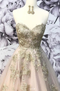 Champagne sweetheart tulle lace long prom dress, tulle lace evening dress