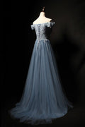 Blue tulle lace long prom dress, blue tulle formal dress