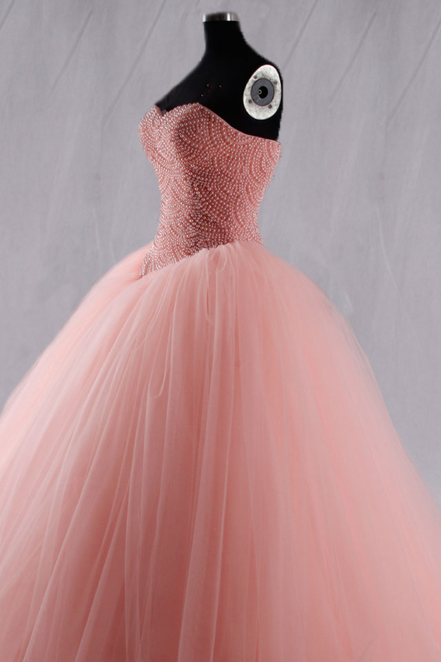 Pink sweetheart neck tulle beads long prom dress, pink evening dress