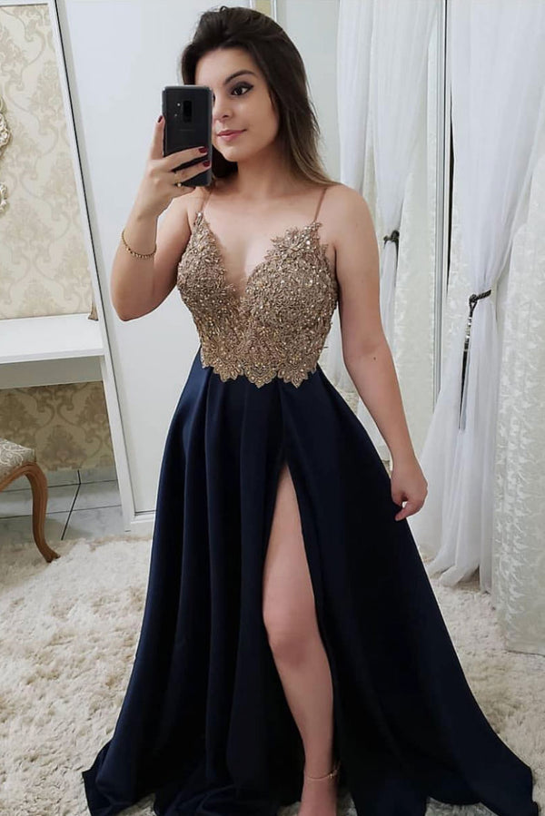 Dark blue sweetheart lace satin long prom dress, blue evening dress