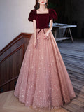 Pink A line tulle long prom dress, pink tulle long evening dress