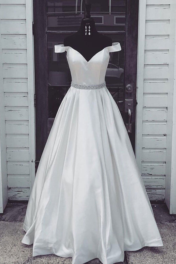 White off shoulder long prom dress, white evening dress