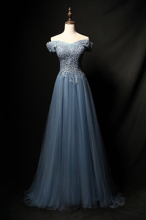 Blue tulle lace long prom dress, blue tulle formal dress