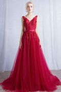 Burgundy v neck tulle lace long prom dress, burgundy bridesmaid dress