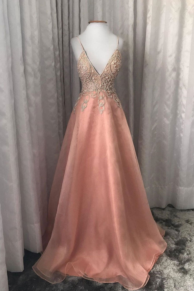 Unique v neck tulle beads long prom dress, tulle evening dress