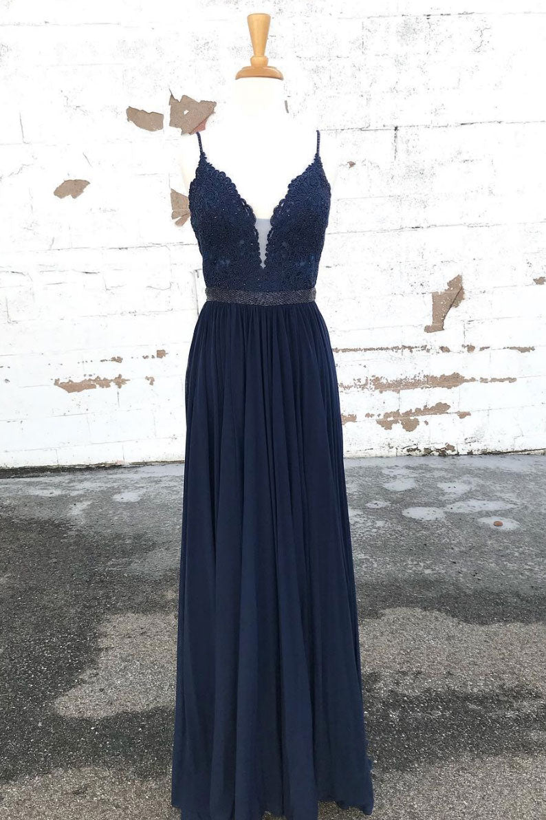 Dark blue lace chiffon long prom dress, blue evening dress