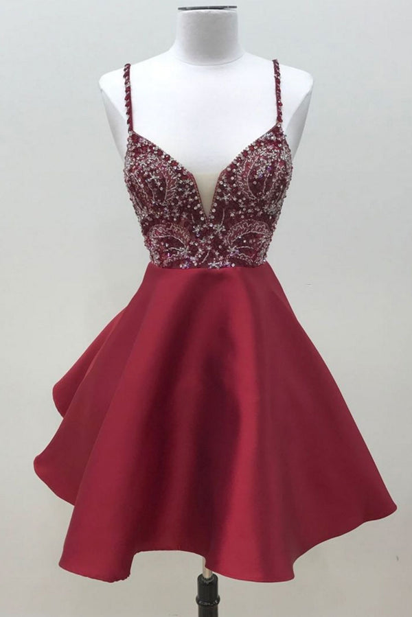 Burgundy v neck sequin beads short prom dress, burgundy homecoming dress