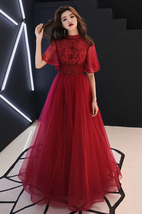 Unique burgundy tulle lace long prom dress burgundy evening dress