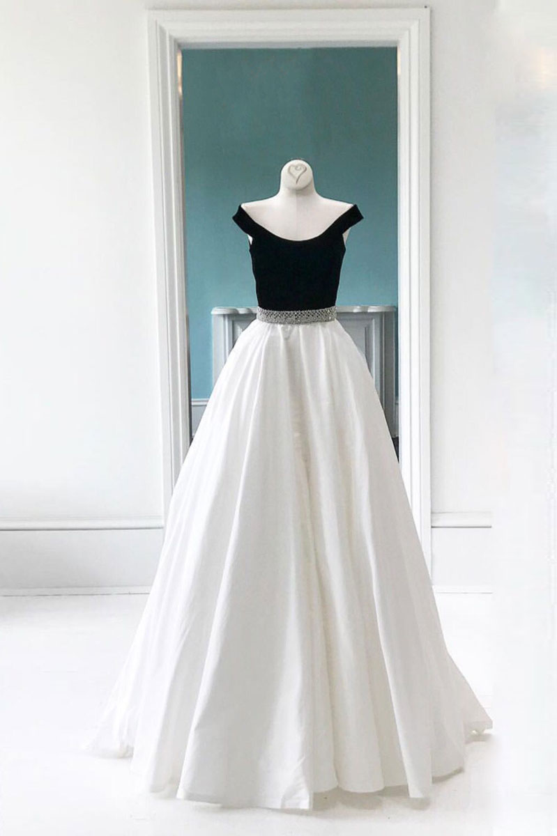 Simple white off shoulder long prom dress, evening dress