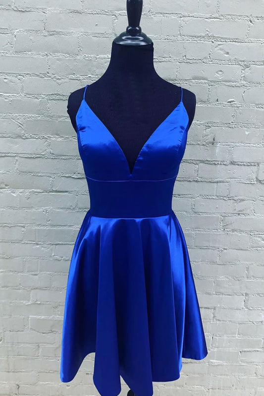 Blue v neck satin short blue prom dress blue homecoming dress