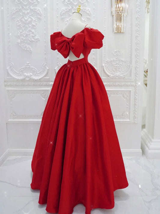 Red v neck satin long prom dress, red evening dress