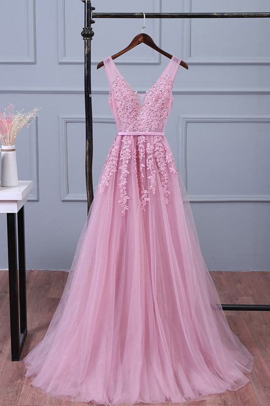 Pink v neck lace applique tulle long prom dress, pink bridesmaid dress